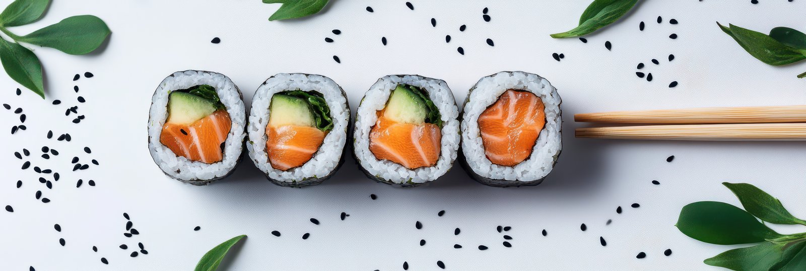 Four salmon avocado sushi rolls sit on a white surface with chopsticks and herbs